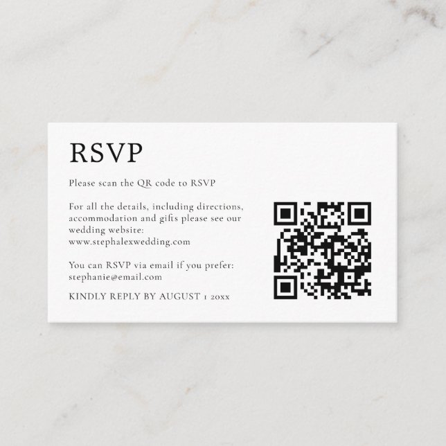 Carte D'accompagnement MINI Réponse QR Code noir et blanc simple RSVP (Devant)