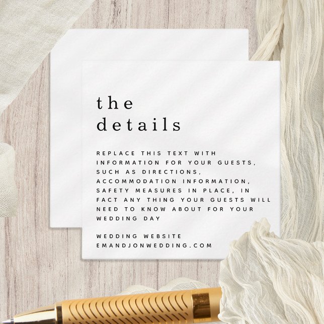Carte D'accompagnement MINI Simple noir blanc Détails du Mariage (Tiny size 2.5" square Details enclosure. Fully Customisable, Change to any color. )