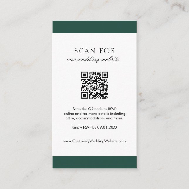 Carte D'accompagnement Minimal Emerald vert moderne QR Code Mariage (Devant)