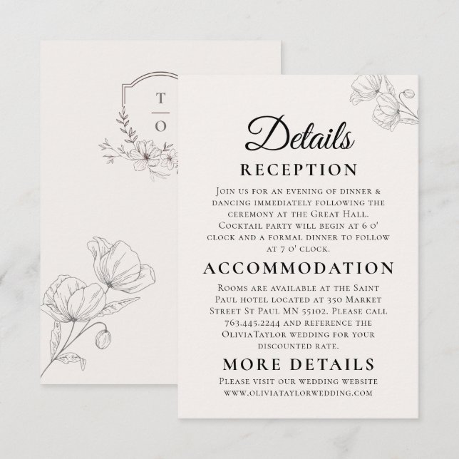 Carte D'accompagnement Minimalist Floral Line Art Wedding Enclosure Card  (Devant / Derrière)