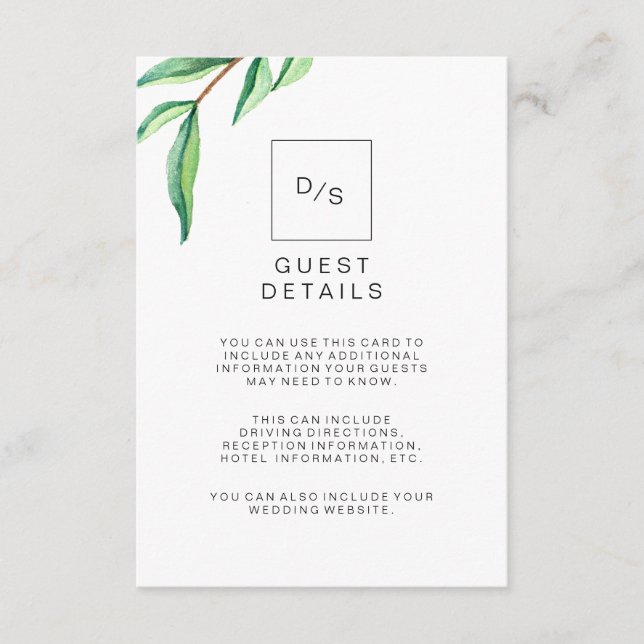 Carte D'accompagnement Minimalist Green Feuille Mariage Détails de l'invi (Devant)