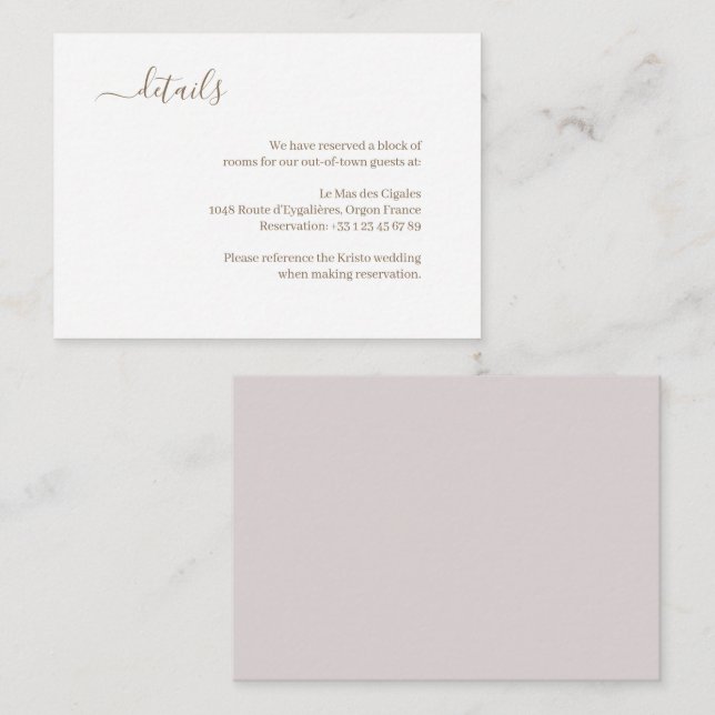 Carte D'accompagnement Minimalist White Blush Gold Mariage détails de l'h (Devant / Derrière)