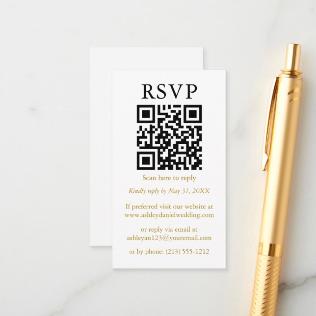 Carte D'accompagnement Minimaliste mariage simple QR RSVP Gold (Devant/Arrière en situation)