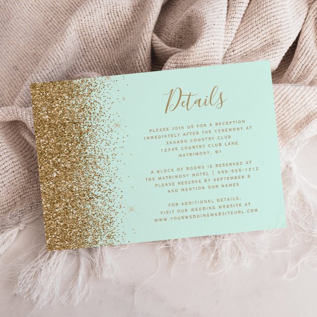 Carte D'accompagnement Mint Green Gold Glitter Wedding Details (Créateur téléchargé)