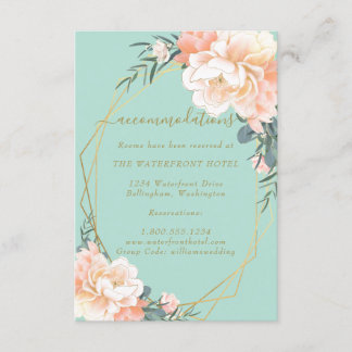 Carte D'accompagnement Mint Green Gold Peach Floral Mariage Hébergement