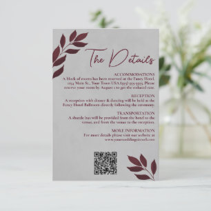 Carte D'accompagnement Mod Feuille Burgundy Grey Détails du Mariage QR Co