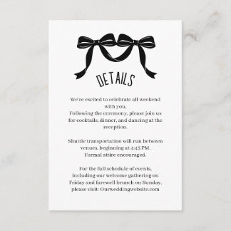 Carte D'accompagnement Modern Black bow Wedding Details Enclosure Card 
