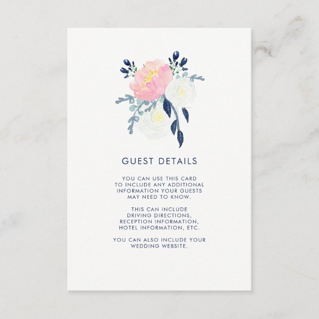 Carte D'accompagnement Modern Blush rose et Navy Floral Détails de l'invi (Devant)