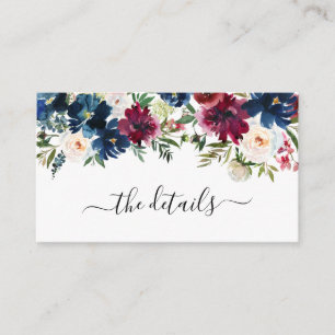 Carte D'accompagnement Modern Navy Blue Bourgogne Floral Détails du Maria