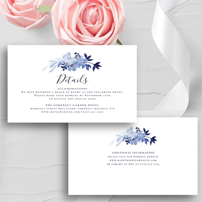 Carte D'accompagnement Modern Navy Blue Floral Folial Détails du Mariage (Créateur téléchargé)