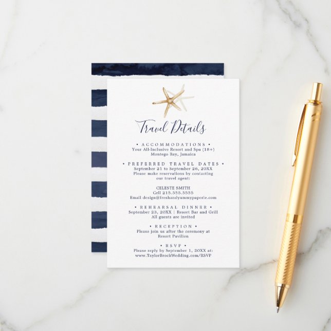 Carte D'accompagnement Modern Starfish Destination Wedding Détails de voy (Devant/Arrière en situation)