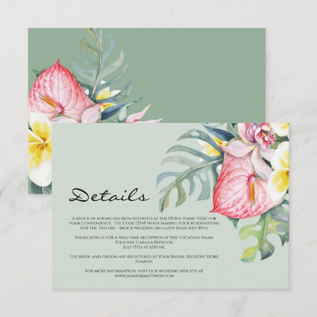Carte D'accompagnement Modern Tropical Floral Hawaii Wedding (Devant / Derrière)