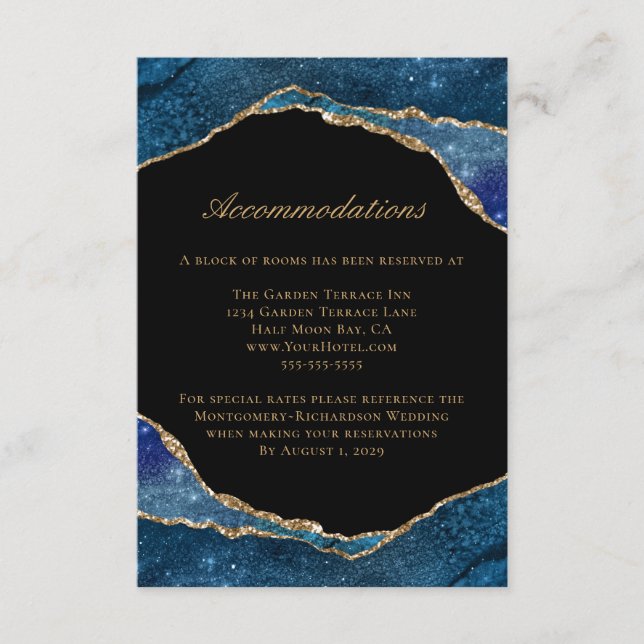 Carte D'accompagnement Moderne Blue Gold Foil Agate Mariage Hébergements (Devant)