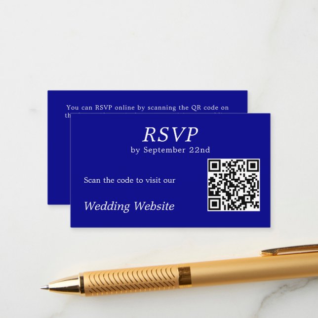 Carte D'accompagnement Moderne Blue RSVP Mariage site web QR Code (Devant/Arrière en situation)