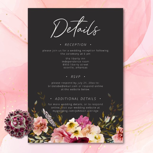 Carte D'accompagnement Moderne Elégant été prairie floral noir Mariage (Modern Elegant Summer Meadow Floral Black Wedding Enclosure Card)