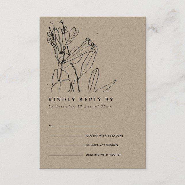 CARTE D'ACCOMPAGNEMENT MODERNE KRAFT LINE DESSIN MARIAGE FLORAL RSVP (Devant)