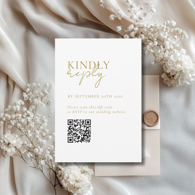 Carte D'accompagnement Moderne, minimal, blanc, QR Code Mariage RSVP (Modern, Minimal, White + Beige + Gold, QR Code Wedding RSVP Enclosure Card)