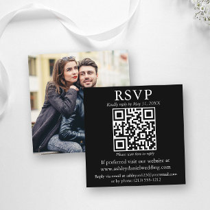 Carte D'accompagnement Moderne Simple QR Photo Mariage Noir RSVP