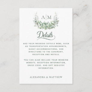 Carte D'accompagnement Monogram Green Elegant Wedding Détails
