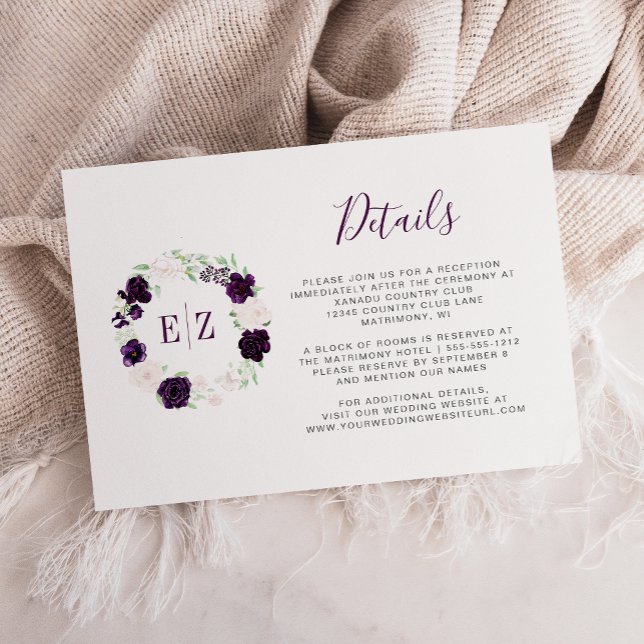 Carte D'accompagnement Monogram Purple Floral Wreath Détails du Mariage (Créateur téléchargé)