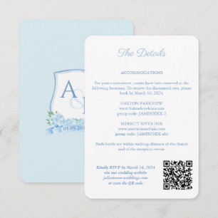 Carte D'accompagnement Monogramme bleu et blanc QR Code Détails du Mariag