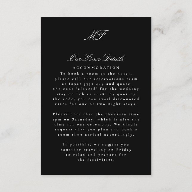 Carte D'accompagnement Monogramme classique noir blanc Mariage Détails In (Devant)