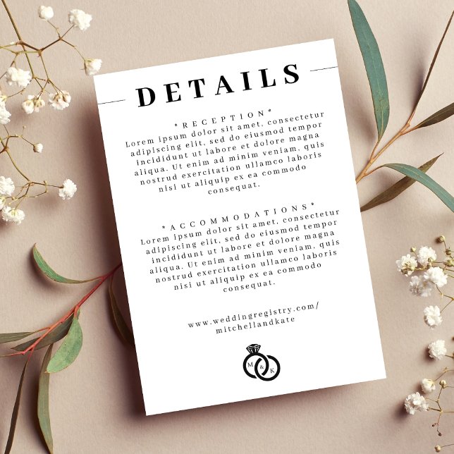 Carte D'accompagnement Monogramme de bague en diamant blanc et noir Détai (White & Black Diamond Ring Monogram Wedding Detail Enclosure Card)
