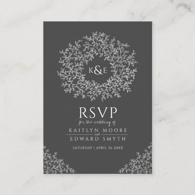 Carte D'accompagnement Monogramme de feuille gris foncé RSVP mariage (Devant)