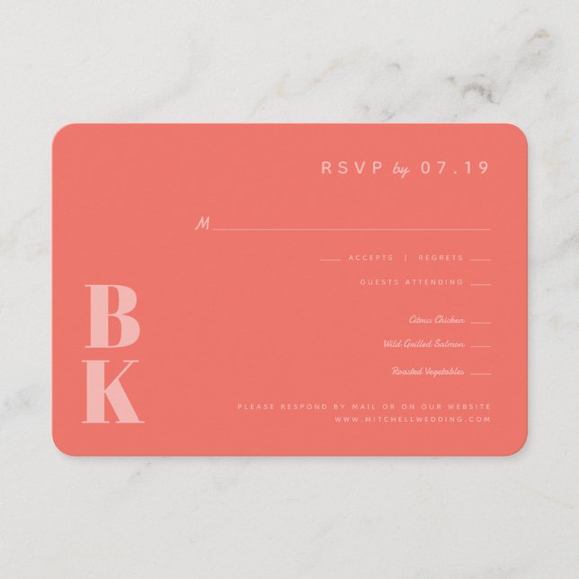 Carte D'accompagnement Monogramme moderne Mariage de corail RSVP (Devant)