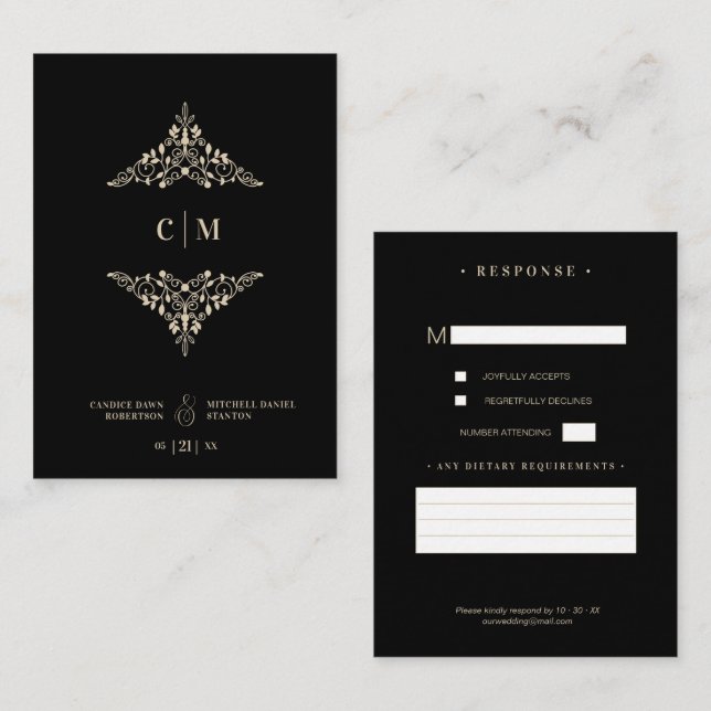 Carte D'accompagnement Monogrammed RSVP Gold Wedding Initials Flourish (Devant / Derrière)