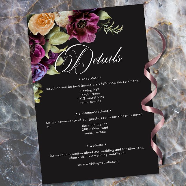 Carte D'accompagnement Moody Dark Floral Black Burgundy Romantic Wedding (Moody Dark Floral Black Burgundy Romantic Wedding Enclosure Card)