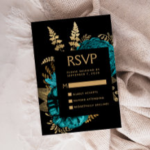 Moody Dark Floral Turquoise Gold Wedding RSVP