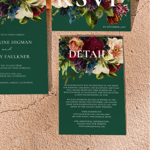 Carte D'accompagnement Moody Floral Bourgogne et Emerald détails Mariage