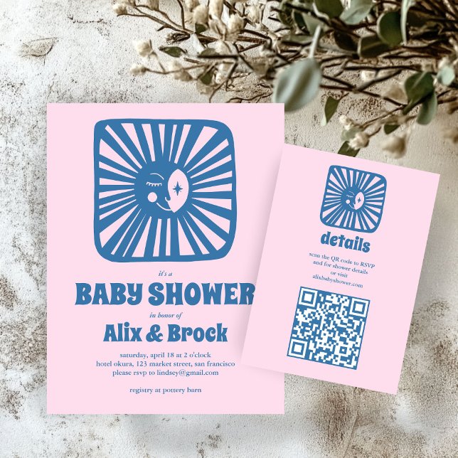 Carte D'accompagnement Moon Glow Boho Modern Cute Baby shower personnalis (Moon Glow Boho Modern Cute Custom Baby Shower Pink Girl QR code Enclosure Card
)
