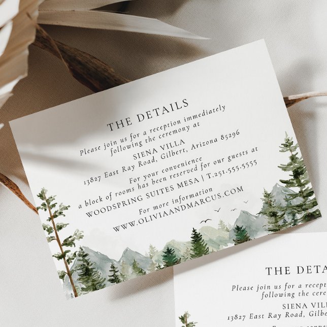 Carte D'accompagnement Mountain Woodland Forest Elegant Wedding Détails (Details Card Front/Back)