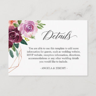 Carte D'accompagnement Mulberry Lilac Purple Floral Détails du Mariage