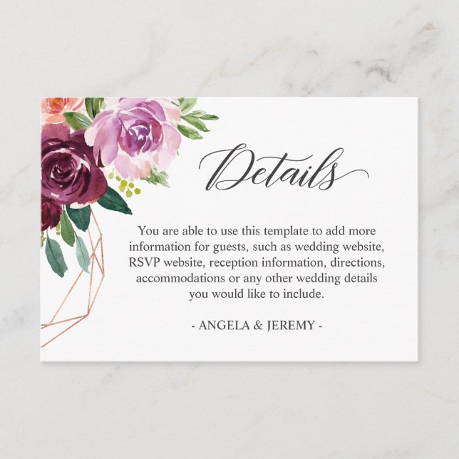 Carte D'accompagnement Mulberry Lilac Purple Floral Détails du Mariage (Devant)