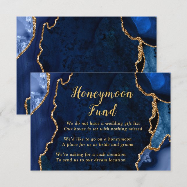 Carte D'accompagnement Navy Blue and Gold Agate Honeymoon Fund (Devant / Derrière)