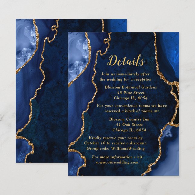 Carte D'accompagnement Navy Blue and Gold Agate Wedding Details (Devant / Derrière)