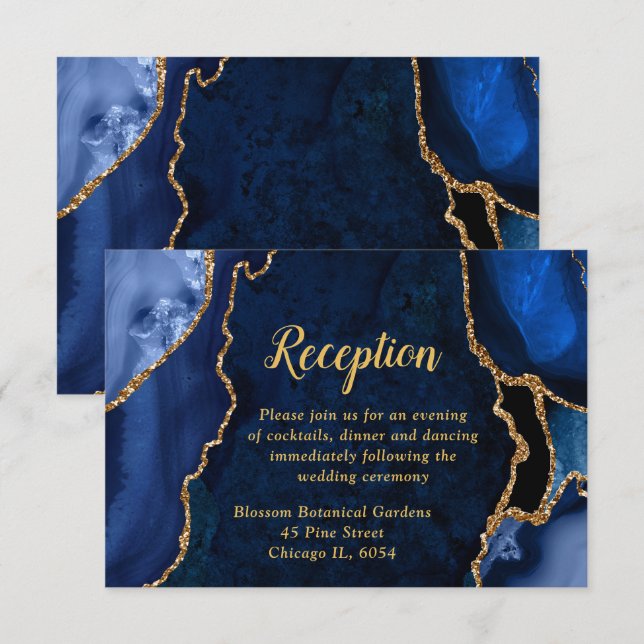 Carte D'accompagnement Navy Blue and Gold Agate Wedding Reception (Devant / Derrière)
