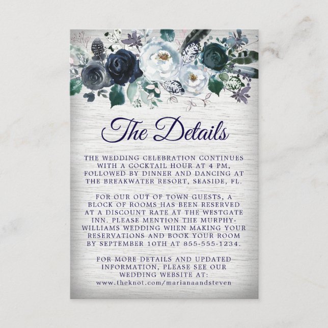 Carte D'accompagnement Navy Blue Boho Tribal Flora Détails du Mariage (Devant)