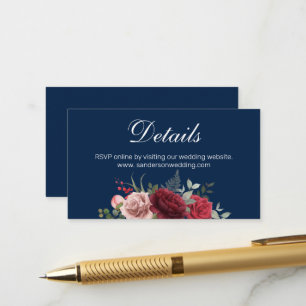 Carte D'accompagnement Navy Blue Burgundy Floral Mariage Détails du site 