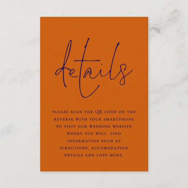 Carte D'accompagnement Navy Blue Burnt Orange QR Code Détails du Mariage (Devant)