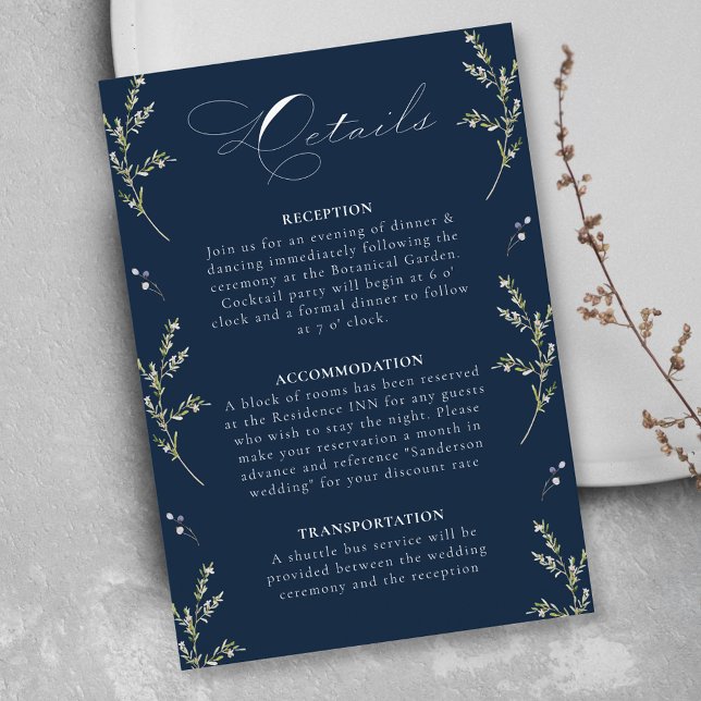 Carte D'accompagnement Navy Blue Elegant Winter Fleur sauvage Détail du M (Créateur téléchargé)