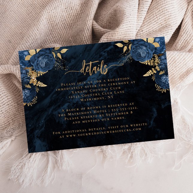 Carte D'accompagnement Navy Blue Gold Floral Agate Script Mariage Détails (Créateur téléchargé)