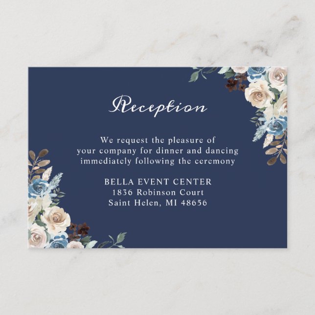 Carte D'accompagnement Navy Blue Neutral Floral Mariage Détails de la réc (Devant)