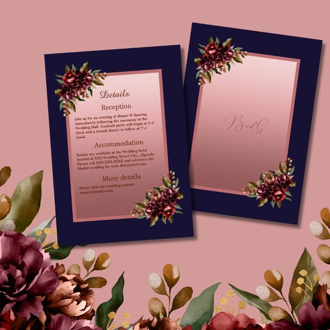 Carte D'accompagnement Navy Blue Rose Gold Script Burgundy floral wedding (Créateur téléchargé)