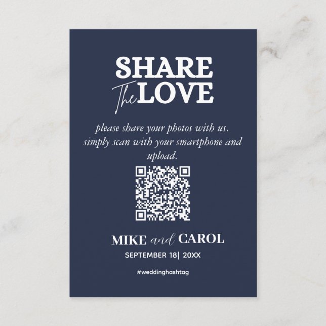 Carte D'accompagnement Navy Blue Share The Love Photo Qr Code Mariage (Devant)