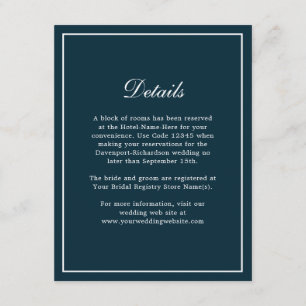Carte D'accompagnement Navy Blue Simple Elegant Wedding Info Détails