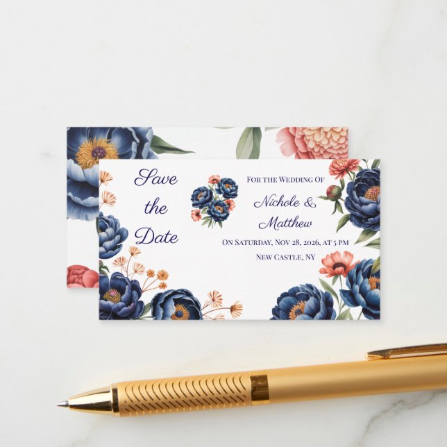 Carte D'accompagnement Navy & Burnt Orange Floral Save the Date (Devant/Arrière en situation)